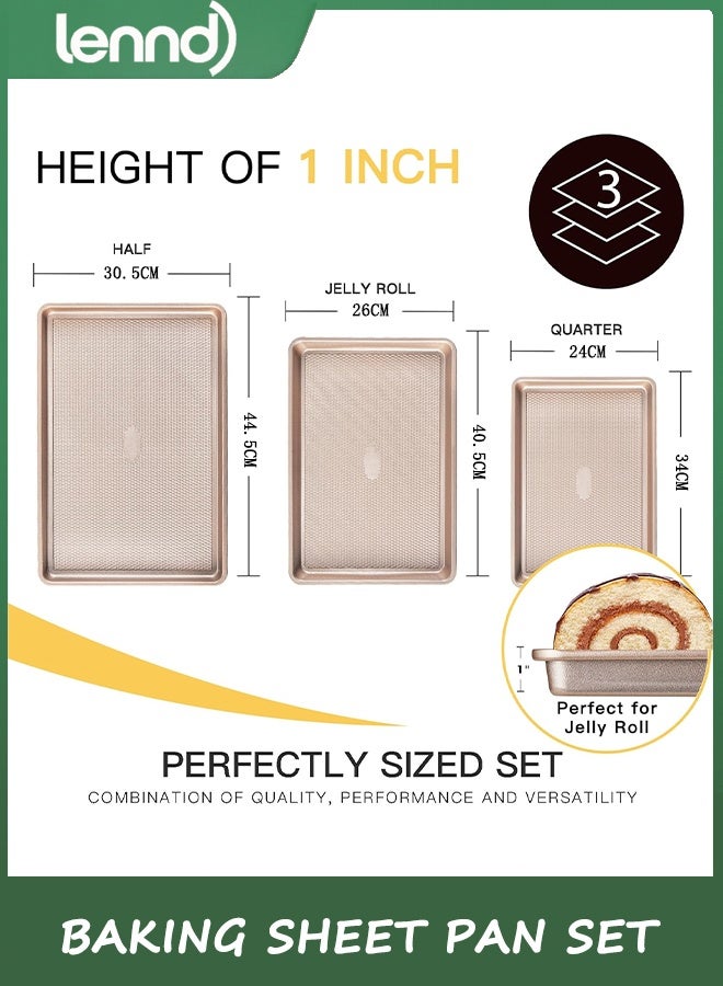 LENND Baking Sheet Pan Set of 3, Cookie Sheets for Oven, Nonstick Half/Quarter/Jelly Roll Pans with Diamond Texture Pattern, 0.8mm Thick Heavy Duty Cookie Tray, Champagne Gold - Image 4